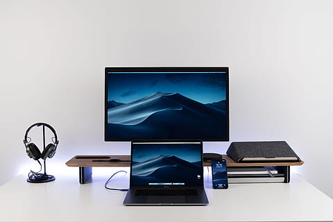 black, laptop computer, flat, screen tv, desk, computer, screen, laptop, screen saver, dark, blue, apple watch, iphone x, macbookpro, macbook, grovemade, lifx, technology, computer Monitor, equipment, internet, pC, liquid-Crystal Display, desktop PC, office, business, no People, modern, computer Keyboard, backgrounds, indoors, 5K, CC0, public domain, royalty free