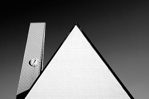architecture, building, time, clock, structure, establishment, roof, triangle, monochrome, black and white, no people, triangle shape, built structure, sky, gray, low angle view, clear sky, indoors, gray background, shape, sign, studio shot, sunny, day, white color, communication, nature, copy space, 5K, CC0, public domain, royalty free