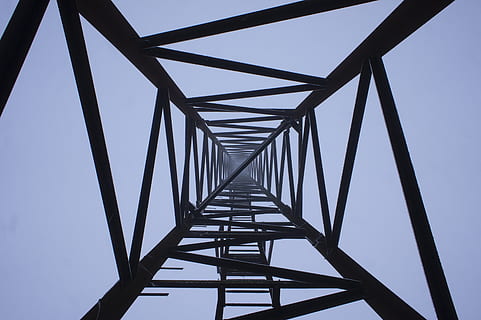 strommast, perspective, winter, low angle view, sky, built structure, architecture, no people, clear sky, nature, metal, connection, day, pattern, outdoors, blue, diminishing perspective, directly below, tower, tall - high, shape, design, ladder, power supply, girder, 4K, CC0, public domain, royalty free
