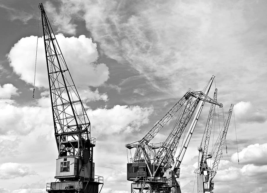 gru, porto, costruzione, architettura, metallo, Torre, corda, alto, altezza, cielo, nuvola - cielo, industria, gru - macchine edili, sito di costruzione, macchinario, industria di costruzioni, Inquadratura dal basso, sviluppo, macchine da cantiere, natura, giorno, nessuno, alto - alto, all'aperto, mezzi di trasporto, incompleto, struttura costruita, attrezzatura da costruzione, 1080P