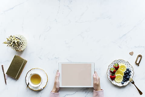 browsing, communication, device, digital, drink, feminine, flat lay, flatlay, fruit, hand, hobby, hot drink, internet, lemon, lifestyle, marble, media, minima, table, food and drink, cup, food, mug, refreshment, indoors, directly above, coffee, coffee - drink, still life, freshness, coffee cup, high angle view, technology, wireless technology, sweet food, computer, breakfast, 1080P, CC0, public domain, royalty free