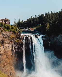 vattenfall utsikt, vatten, träd, vattenfall, växt, rörelse, scenics - natur, skönhet i naturen, flödande vatten, natur, himmel, lång exponering, dag, kraft i naturen, kraft, landa, surfing, klar himmel, vid vatten, vattensport, strömmande, utomhus, 5K, CC0, offentligt domän, royaltyfria