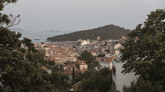 croatia, split, view, mountain, hill, fortress, sea, port, forest, horizon, mediterranean sea, town, diocletian, houses, rooftop, roof, bricks, palm, ancient, walls, architecture, tree, building exterior, built structure, plant, nature, sky, building, city, residential district, no people, day, water, house, outdoors, high angle view, clear sky, growth, townscape, 4K, CC0, public domain, royalty free
