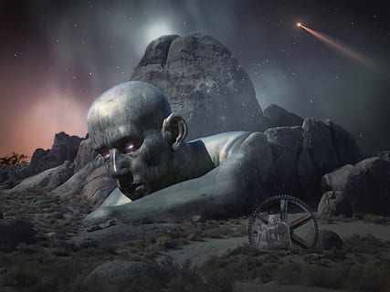 fantaisie, science-fiction, scifi, espace, univers, extraterrestre, foncé, mâle, cyborg, futuriste, mystère, mystérieux, lumière, rêver, paysage, paysage fantastique, couverture de livre, photoshop, ciel, personne, nuit, la nature, étoile - espace, art et Artisanat, astronomie, solide, représentation, représentation humaine, sculpture, formation rocheuse, architecture, Roche, rock - objet, paysages - nature, beauté dans la nature, ressemblance masculine, Montagne, composite numérique, 2K, CC0, domaine public, libre de droits