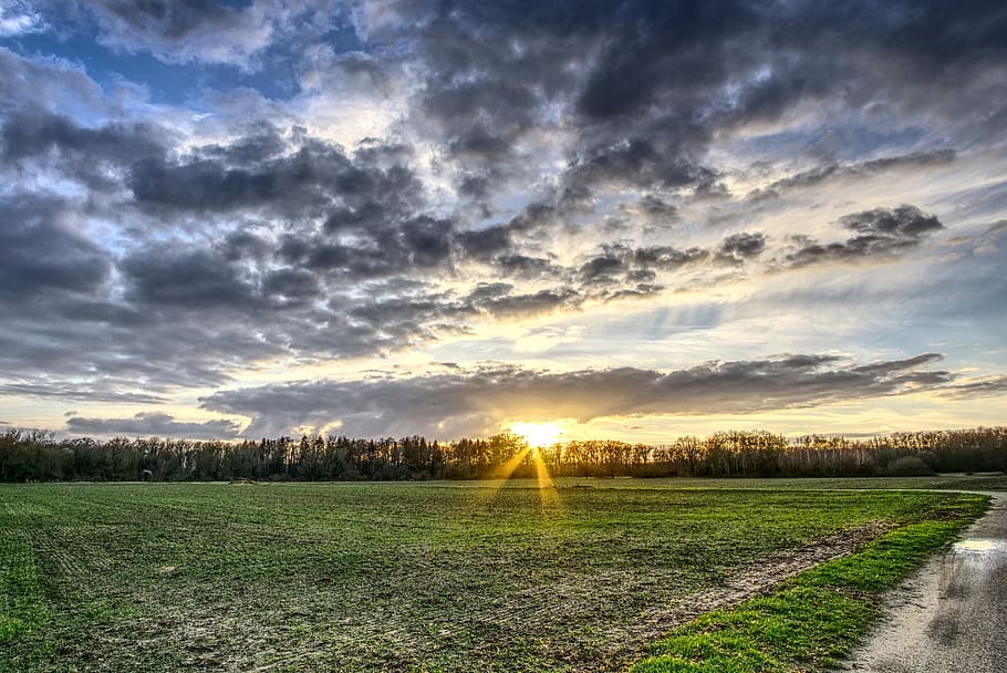 tramonto, sole, cielo, nuvole, campo, prato, paesaggio, umore, abendstimmung, natura, crepuscolo, atmosferico, romantico, atmosfera, illuminazione, lontano, strada, catrame, asfalto, hdr, ampia gamma dinamica, nuvola - cielo, scenics - natura, bellezza nella natura, ambiente, scena tranquilla, pianta, la tranquillità, erba, terra, nessuno, luce del sole, colore verde, scena rurale, idilliaco, crescita, all'aperto, riflesso lente, 5K