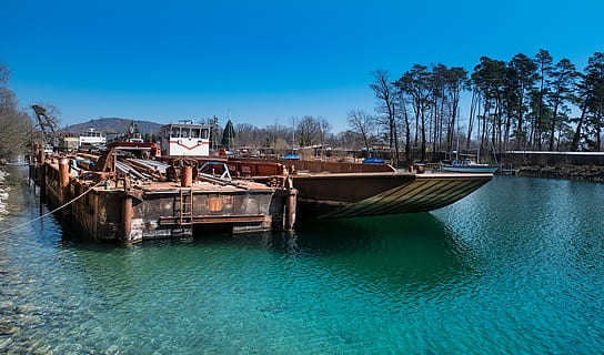 river, ship, kahn, scrap iron, moored, create, wreck, ship wreck, nautical vessel, blue, water, sky, tree, transportation, nature, mode of transportation, waterfront, plant, no people, clear sky, day, architecture, outdoors, abandoned, 4K, CC0, public domain, royalty free