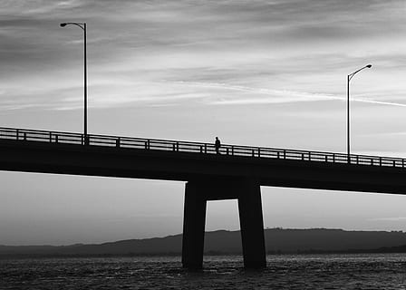 bridge during daytime, bridge, bridge - man made structure, water, connection, sky, transportation, built structure, architecture, street light, nature, river, cloud - sky, real people, engineering, railing, street, lifestyles, waterfront, outdoors, architectural column, 2K, CC0, public domain, royalty free