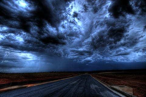 asphalt road, gray, clouds, dark, dark clouds, darkness, evening, horizon, landscape, nature, night, roads, scenic, sky, skyscape, twilight, weather, cloud - sky, storm, road, thunderstorm, storm cloud, dramatic sky, overcast, direction, environment, no people, beauty in nature, highway, scenics - nature, transportation, sign, rain, ominous, outdoors, power in nature, torrential rain, 2K, CC0, public domain, royalty free
