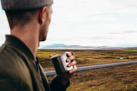 man, watching, road landscape photo, Men, Sky, Road, Landscape, Earth, Outdoor, Roadtrip, Iceland, Drinks, Seasons, Around the World, Cloud, Hill, one person, photography themes, technology, communication, mountain, travel, adult, nature, transportation, activity, scenics - nature, mid adult, day, rear view, wireless technology, cloud - sky, outdoors, 4K, CC0, public domain, royalty free