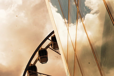 ferris, Rad, grau, Wolken, die Architektur, Riesenrad, Reflexion, wolke - himmel, Himmel, Natur, Kunst, Kultur und Unterhaltung, Flachwinkelansicht, Sonnenuntergang, Transport, keine Leute, draußen, Wasser, Sonnenlicht, Metall, Vergnügungspark, Tag, Transportmittel, Freizeitpark Achterbahn, Segelboot, Wasserfahrzeug, Sport, Legierung, 5K, CC0, gemeinfrei, lizenzfrei