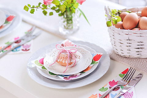 eggs, baskets, plate, table, setup, cutlery, napkin, restaurant, cupcake, muffin, sugar, food, food and drink, freshness, basket, healthy eating, sweet food, sweet, still life, indoors, fruit, ready-to-eat, wellbeing, container, no people, plant, dessert, flower, high angle view, crockery, snack, 4K, CC0, public domain, royalty free