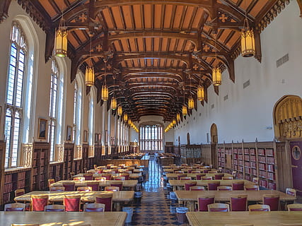 dining hall interior, indoors, seat, in a row, architecture, ceiling, built structure, arch, pew, empty, building, chair, place of worship, religion, absence, spirituality, no people, day, belief, aisle, architectural column, 4K, CC0, public domain, royalty free