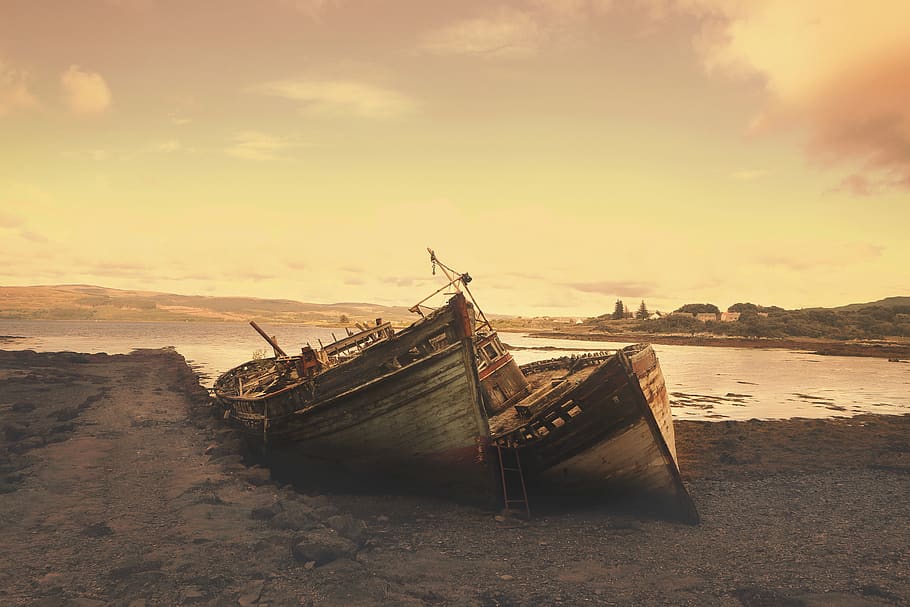 boats, sunset, dusk, sky, yellow, beach, sand, shore, coast, lake, water, landscape, nature, nautical vessel, transportation, mode of transportation, sea, abandoned, shipwreck, ship, cloud - sky, damaged, land, decline, deterioration, obsolete, tranquility, no people, outdoors, fishing boat, sinking, ruined, 5K