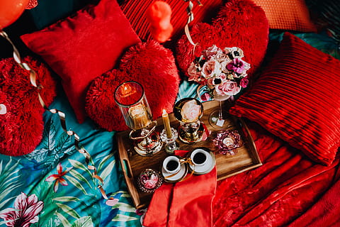 valentine, day breakfast, bed, lovely, breakfast, love, romantic, romance, red, bedding, brunch, candles, valentine's day, valentines, february, jewelry, no people, high angle view, textile, indoors, still life, large group of objects, choice, necklace, fashion, close-up, celebration, multi colored, variation, gift, day, table, personal accessory, furniture, luxury, silver colored, 4K, CC0, public domain, royalty free