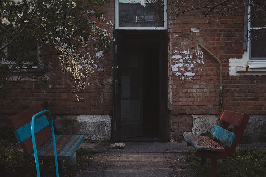 opened door, furniture, bench, park bench, door, sitting, couch, banister, handrail, building, spire, steeple, tower, architecture, path, brick, walkway, flagstone, window, home decor, wall, built structure, building exterior, brick wall, no people, seat, plant, wall - building feature, day, tree, house, chair, nature, outdoors, absence, empty, 5K
