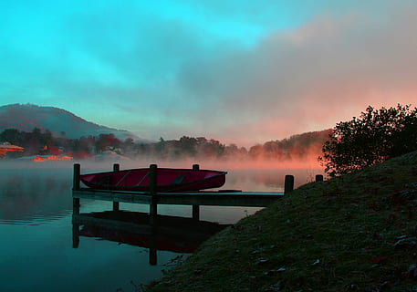 canoe, resting, lakeside dock, morning, lake, fog, dock, mist, lake junaluska, north carolina, vacation, fishing, sunrise, sky, beauty in nature, water, nautical vessel, scenics - nature, tranquility, mountain, tranquil scene, plant, nature, transportation, mode of transportation, cloud - sky, tree, reflection, sunset, no people, moored, outdoors, 2K
