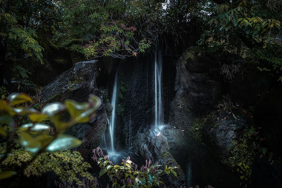 Wasserfall in der Nähe von Bäumen, Natur, Wasser, draußen, Fluss, Wasserfall, Landschaft, Grün, Blatt, dunkel, Szene, Langzeitbelichtung, Japan, Reise, Park, kyoto, Stein, Rock, Blätter, Bäume, Pflanzen, Baum, Pflanze, Wald, Szenen - Natur, Schönheit in der Natur, fließendes Wasser, Rock - Objekt, Bewegung, solide, Wachstum, keine Leute, Land, fließend, Bewegungsunschärfe, Regenwald, Kraft in der Natur, fallendes Wasser, 2K