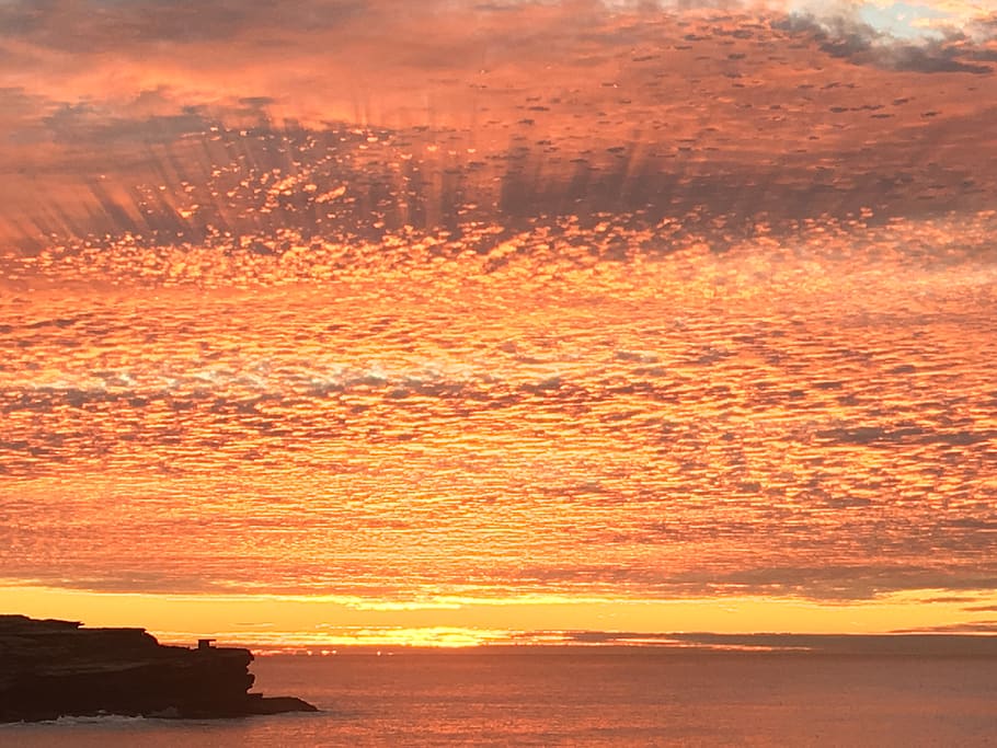 Australia, malabar, tramonto, cielo, colore arancione, bellezza nella natura, scenics - natura, la tranquillità, scena tranquilla, acqua, mare, natura, terra, nuvola - cielo, idilliaco, nessuno, scena non urbana, all'aperto, cielo drammatico, silhouette, orizzonte, orizzonte sull'acqua, cielo romantico, 4K