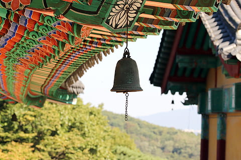 secció, temple, mono, budisme, Corea, paisatge, República de Corea, lloc de culte, creença, religió, espiritualitat, arquitectura, estructura construïda, penjant, edifici, exterior de l'edifici, sostre, cap gent, centrar-se en primer pla, timbre, color verd, dia, arbre, a l'aire lliure, santuari, fletxa, 5K, CC0, domini públic, lliure de regalies