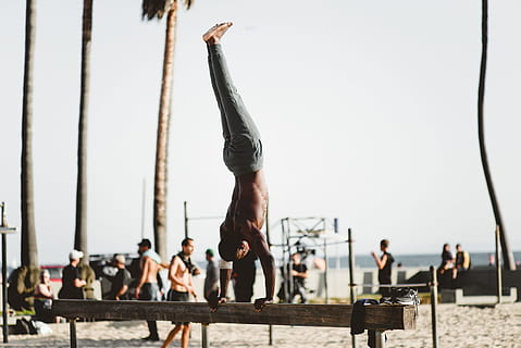 man, handstand, bench, beach, arms, people, gym, workout, recreation, real people, men, group of people, day, sky, lifestyles, focus on foreground, nature, clear sky, healthy lifestyle, leisure activity, sport, adult, crowd, young men, women, exercising, casual clothing, outdoors, 720P, CC0, public domain, royalty free