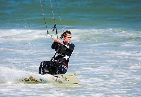kitesurfer, body, water, action, active, adventure, beach, enjoyment, extreme, female, fun, kite, kiteboarding, kitesurfing, leisure, motion, ocean, person, recreation, sea, seashore, speed, sports, summer, surf, surfboard, surfboarding, surfer, surfing, water sports, waves, sport, leisure activity, real people, one person, holding, lifestyles, men, nature, aquatic sport, waterfront, extreme sports, day, full length, outdoors, skill, 2K, CC0, public domain, royalty free