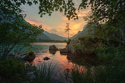 naturaleza, aguas, árbol, paisaje, lago, reflexión, puesta de sol, verano, panorama, idílico, montaña, reflejo, ramsau, tierra berchtesgadener, hintersee, alpino, planta, agua, belleza en la naturaleza, cielo, paisajes - naturaleza, escena tranquila, tranquilidad, crecimiento, nube - cielo, escena no urbana, nadie, al aire libre, 5K, CC0, dominio público, libre de derechos