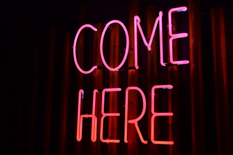 illuminato, venire, insegna al neon, neon, testo, rosso, comunicazione, notte, sceneggiatura occidentale, raggiante, attrezzatura per l'illuminazione, nessuno, Al dettaglio, cartello, memorizzare, attività commerciale, sfondo nero, colore rosa, avvicinamento, finestra, informazione, segno aperto, vita notturna, Messaggio, 4K