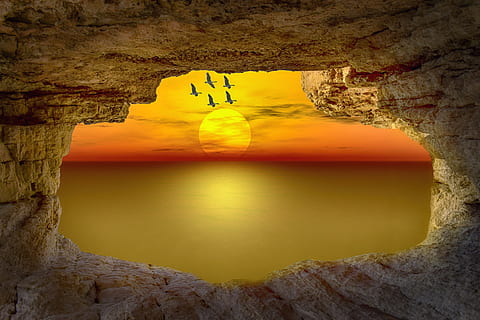 paysage, le coucher du soleil, ciel, des nuages, Soleil, Roche, mer, lumière, plage, solide, rock - objet, formation rocheuse, jaune, eau, la grotte, beauté dans la nature, architecture, la nature, personne, paysages - nature, tranquillité, scène tranquille, idyllique, en plein air, structure construite, 5K, CC0, domaine public, libre de droits