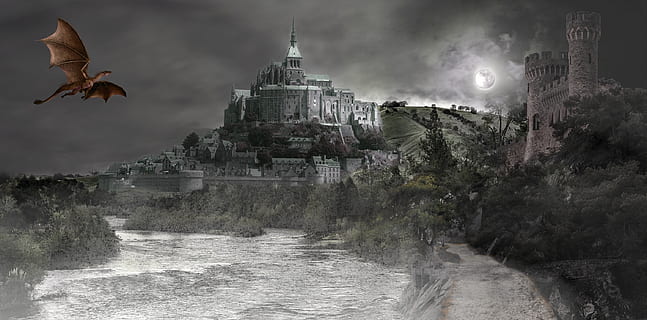 fantaisie, composite, dragon, Château, lune, rivière, architecture, structure construite, extérieur du bâtiment, en volant, bâtiment, thèmes animaux, animal, oiseau, la nature, animaux à l'état sauvage, ciel, vertébré, la faune des animaux, eau, ville, personne, Destinations de voyage, lieu de culte, arbre, l'histoire, 2K, CC0, domaine public, libre de droits