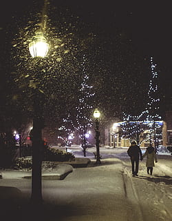 Canadá, goderich, luminária, arvores, luzes de Natal, noite, de mãos dadas, casal, caminhando, neve, iluminado, iluminação pública, rua, equipamento de iluminação, cidade, pessoas reais, temperatura fria, inverno, árvore, natureza, estilos de vida, o caminho a seguir, direção, grupo de pessoas, plantar, pessoas, leve, ao ar livre, nevando, eletricidade, 4K, CC0, domínio público, royalty free