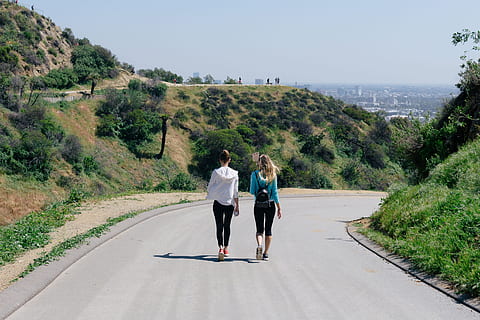 female, walking, photo, Fitness, Women, Sports, Friends, Road, Roadtrip, Women's Day, Exercise, Walk, Hill, full length, tree, two people, adult, nature, plant, togetherness, lifestyles, real people, casual clothing, young adult, young women, day, leisure activity, men, rear view, transportation, friendship, couple - relationship, 4K