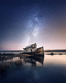 wrecked, ship, body, water, galaxy background, abandoned, beach, boat, clouds, evening, grass, landscape, ocean, reflection, sea, seascape, seashore, shipwreck, sky, sunset, transportation system, watercraft, star - space, astronomy, space, scenics - nature, galaxy, night, obsolete, beauty in nature, tranquil scene, damaged, tranquility, nature, run-down, no people, deterioration, milky way, ruined, space and astronomy, 5K, CC0, public domain, royalty free