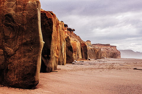 brown, mountains, gray, clouds, cliff, outdoors, rock, coast, floras lake state natural area, united states, langlois, ocean, ancient egypt, coastal, beached, beach, stone, mist, abandoned, calm, sky, cloudy, quiet, mighty, rock formation, rock - object, solid, cloud - sky, geology, land, nature, beauty in nature, scenics - nature, non-urban scene, no people, tranquil scene, tranquility, day, physical geography, environment, desert, eroded, climate, sandstone, formation, arid climate, 5K, CC0, public domain, royalty free