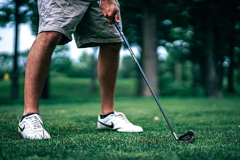 golfer with club, grass, sport, golf, activity, low section, golf club, leisure activity, human leg, one person, body part, ball, golf course, playing, sportsman, taking a shot - sport, human body part, green color, day, shoe, standing, human limb, limb, outdoors, shorts, 5K, CC0, public domain, royalty free