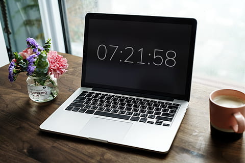 assignment, clock, communication, computer, connection, countdown, daily, date, deadline, device, digital, due, event, flower, home, hot drink, important, internet, keyboard, laptop, lifestyle, management, milk tea, morning, wireless technology, technology, table, cup, flowering plant, furniture, desk, vase, drink, nature, plant, indoors, no people, food and drink, mug, glass, using laptop, 1080P, CC0, public domain, royalty free