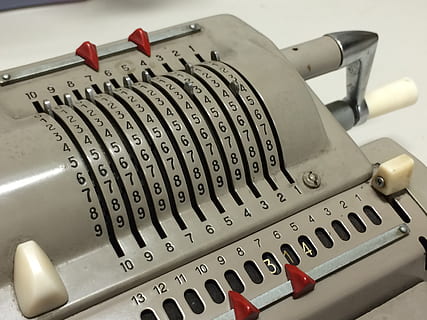 objects, technology, machine, calculator, computer, close-up, equipment, number, control, indoors, no people, red, machinery, high angle view, metal, arts culture and entertainment, focus on foreground, still life, musical instrument, push button, retro styled, communication, music, 2K, CC0, public domain, royalty free