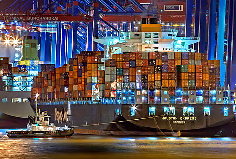 white water boat, boats, cargo, cargo container, containers, germany, hamburg, harbor, harbour, illuminated, industry, merchandise, nautical, ocean, pier, sea, seaport, ship, shipment, terminal, trade, watercrafts, nautical vessel, transportation, water, architecture, night, no people, building exterior, business, built structure, freight transportation, shipping, building, commercial dock, waterfront, office building exterior, skyscraper, 1080P
