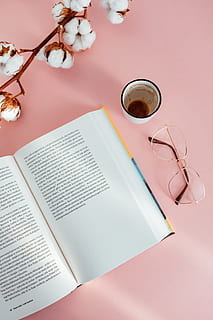 open, book, pink, background, reading, glasses, learning, pink backgound, study, feminine, publication, table, eyeglasses, high angle view, paper, drink, still life, indoors, no people, food and drink, refreshment, cup, flower, plant, flowering plant, mug, freshness, glass, 5K, CC0, public domain, royalty free
