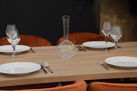 table, dining room, presentation, interior, meals, cutlery, contemporary, available, glass, household equipment, wineglass, eating utensil, refreshment, drinking glass, plate, kitchen utensil, wine, drink, setting, place setting, water, no people, indoors, fork, knife, alcohol, table knife, empty plate, crockery, red wine, 2K, CC0, public domain, royalty free
