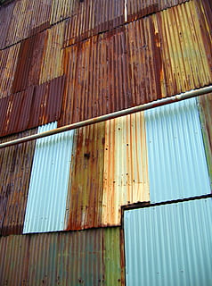 --, part, old, factory building, corrugated, iron, metal, rust, paint, sheets, overlay, corrosion, dilapidated, broken, pitch, bend, brittle, peel, factory, inustrial, deserted, rectangle, square, manufacture, pole, wall, building, industry, architecture, corrugated iron, building exterior, no people, built structure, pattern, day, cargo container, low angle view, full frame, wood - material, container, rusty, outdoors, nature, sheet metal, 1080P, CC0, public domain, royalty free