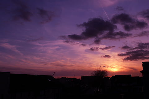 posta de sol, neó, núvols, cel, esvaïment, ombres, fosc, rosa, porpra, taronja, arquitectura, exterior de l'edifici, núvol - cel, estructura construïda, edifici, silueta, ciutat, color taronja, cap gent, naturalesa, cel dramàtic, bellesa a la natura, barri residencial, a l'aire lliure, casa, escenics - natura, arbre, vespre, cel romàntic, 5K, CC0, domini públic, lliure de regalies