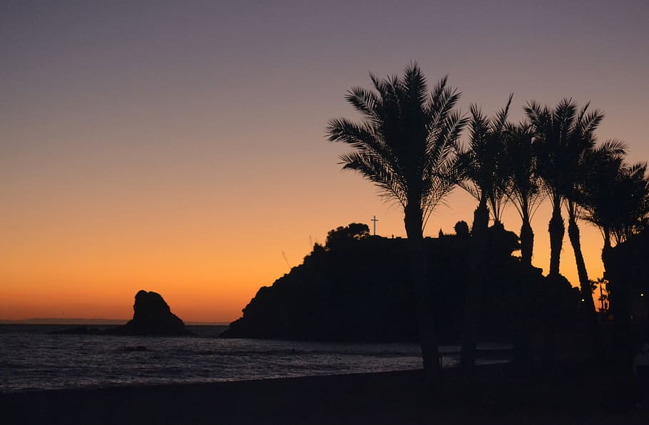 Spanien, Almuñecar, solnedgang, himmel, silhuet, træ, skønhed i naturen, scenics - natur, plante, hav, rolig scene, vand, ro, orange farve, natur, strand, skyfri himmel, jord, idyllisk, Palme træ, ikke-urbane scene, ingen mennesker, udendørs, 4K