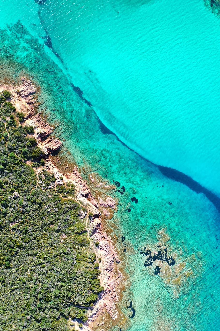 aigua, a l'aire lliure, oceà, escull, la vida marina, animal, porto san paolo, Itàlia, aquàtics, terra, naturalesa, mar, fotografia de drones, vista del drone, sardenya, algues, planta, Escull de corall, promontori, sota l'aigua, dia, color turquesa, bellesa a la natura, vista d’angle alt, escenics - natura, cap gent, blau, platja, tranquil·litat, escena tranquil·la, rock, sòlid, rock - object, color verd, 5K