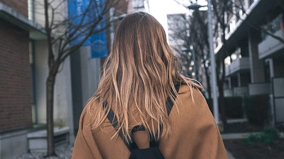 trees, walk, lake, winter, person, backpack, rear view, building exterior, hairstyle, hair, long hair, architecture, one person, built structure, city, brown hair, real people, women, lifestyles, standing, day, adult, waist up, tree, leisure activity, outdoors, warm clothing, 4K, CC0, public domain, royalty free