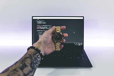 laptop, pc, computer, code, jewelry, gold, nixon, watch, human hand, hand, communication, wireless technology, connection, human body part, technology, one person, indoors, adult, tattoo, real people, using laptop, screen, business, day, close-up, human limb, finger, 5K, CC0, public domain, royalty free