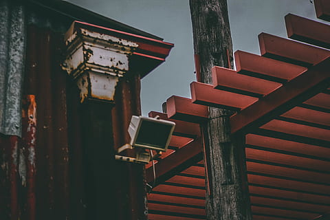 grey sport light, beams, rust, rustic, rusty, wooden, architecture, wood - material, no people, built structure, low angle view, outdoors, day, building exterior, building, nature, metal, staircase, railing, wall - building feature, communication, pattern, group of objects, birdhouse, 1080P, CC0, public domain, royalty free