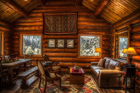 srub, uvnitř, interiér, nábytek, rustikální, nálada, atmosféra, hdr, les, cestovní ruch, dřevo, Dovolená, wyoming, Amerika, osvětlení, dřevo - materiál, sedadlo, okno, architektura, den, budova, nikdo, židle, strop, stavba, absence, domácí místnost, Dům, stůl, domácí interiér, prázdný, podlaha, antický, 4K, CC0, veřejná doména, bez autorských práv