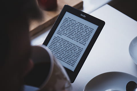 person, using, e-book reader, drinking coffee, amazon, e-book, e-ink, e-paper, ebook, electronic ink, electronic paper, kindle, literature, reader, reading, tablet, technology, wireless technology, communication, connection, digital tablet, internet, screen, computer, computer network, touch screen, activity, one person, human body part, indoors, human hand, selective focus, using computer, close-up, hand, modern, liquid-crystal display, social networking, e-reader, 4K, CC0, public domain, royalty free