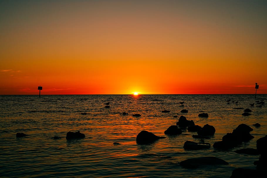 sol, conjunt, oceà, naturalesa, a l'aire lliure, cel, vespre, cel vermell, alba, llum solar, illa de pi, Estats Units, turó de primavera, aigua, mar, sortida del sol, animal, ocell, flamarada, llum, Golf de Mèxic, roques, posta de sol, escenics - natura, horitzó sobre l’aigua, bellesa a la natura, horitzó, color taronja, silueta, escena tranquil·la, tranquil·litat, terra, grup de persones, platja, davant del mar, idíl·lic, 5K