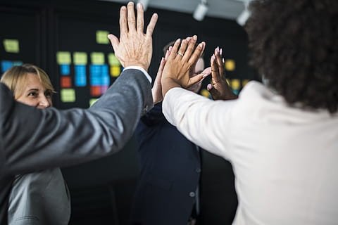 man, woman, high, five, adults, collaboration, communication, cooperation, deal, employee, greeting, hands, handshake, high five, hit, inspiration, meeting, men, people, performance, plan, success, support, team, team building, teamwork, together, togetherness, unity, wear, work, rear view, human body part, hand, human arm, group of people, adult, arms raised, businessman, business person, limb, human limb, human hand, businesswoman, women, business, body part, indoors, hand raised, coworker, 1080P